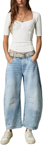 Damen Mid Waist Barrel Loose Wide Leg Jeans Boyfriend Vintage Jeans mit Taschen Loose Fit Hose Lässige lockere Hose mit Kordelzug (Hellblau,S) von Goolecrimp