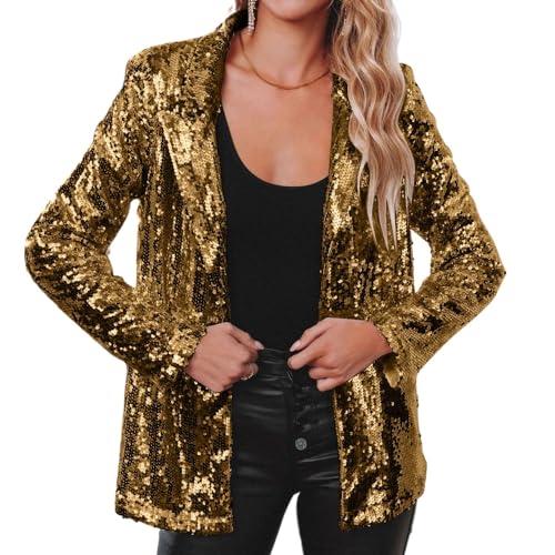 Damen Pailletten Blazer Mode Straße Party Club Performance Kleidung Pailletten Shirt Blazer Trend Jacke Damen Pailletten Blazer Strickjacke (Gold,M) von Goolecrimp