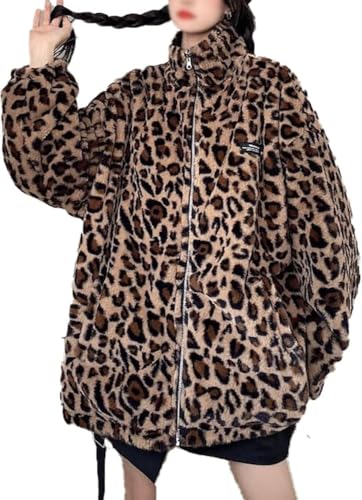 Damen Plüsch warme Winterjacke Mode Reißverschluss Zwei Seiten tragen Leopard verdickte Jacke überdimensioniert lose Sport Freizeit Retro PU Jacke (Braun,XL) von Goolecrimp