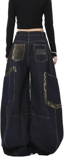 Damen Retro Leopard Print Spleißen Mode Trend Weites Bein Übergroße Taschen Jeans Y2k Lose Casual Gothic Punk Niedrige Taille Gerade Jeans (Schwarz,M) von Goolecrimp