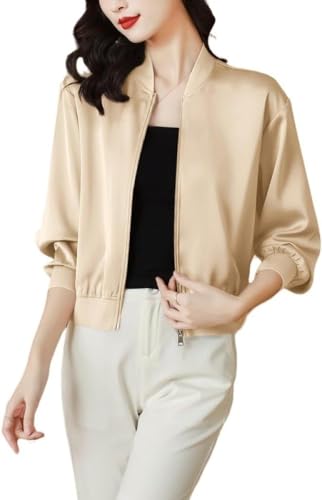 Damen Satin Kurz Jacke Elegant Lässige Mode Leichte Langarm Arbeits Jacke Minimalist ische Reiß Verschluss Freizeit Baseball Jacke Damen Gerippte Manschetten Jacke Mantel (Gold,L) von Goolecrimp
