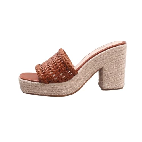 Damen Sommer Casual Urlaub Quadratische Zehe Schräge Sandalen Mode Hanf Seil Schräge Sandalen Flache Offene Zehe Strand High Heels (Braun,37) von Goolecrimp