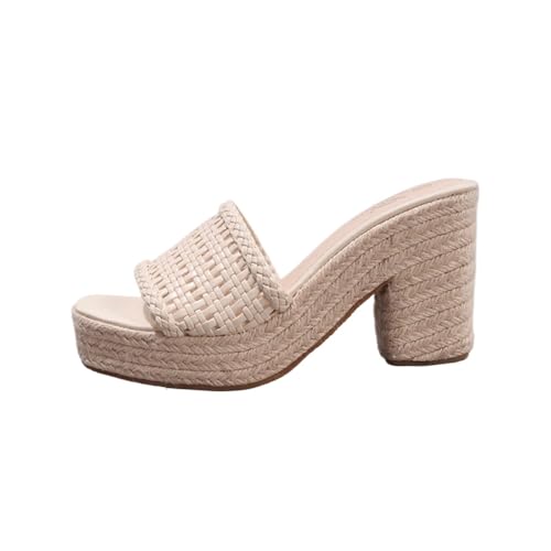 Damen Sommer Casual Urlaub Quadratische Zehe Schräge Sandalen Mode Hanf Seil Schräge Sandalen Flache Offene Zehe Strand High Heels (Mandel,39) von Goolecrimp