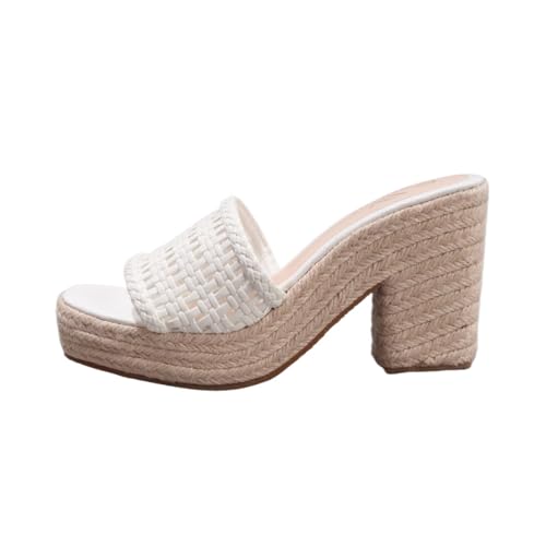 Damen Sommer Casual Urlaub Quadratische Zehe Schräge Sandalen Mode Hanf Seil Schräge Sandalen Flache Offene Zehe Strand High Heels (Weiß,37) von Goolecrimp