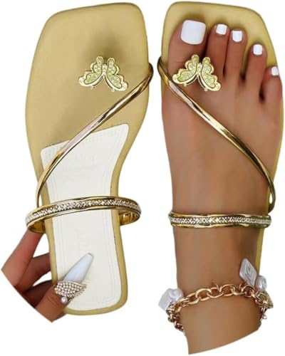 Damen Sommer Schmetterling Clip Toe Strass Strand Sandalen Mode Neue Casual Flip Flops Sandalen Flache Zehen Glitzer Strass Hausschuhe (Ein Gold,39 EU) von Goolecrimp