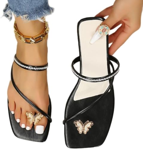 Damen Sommer Schmetterling Clip Toe Strass Strand Sandalen Mode Neue Casual Flip Flops Sandalen Flache Zehen Glitzer Strass Hausschuhe (Ein Schwarzer,38 EU) von Goolecrimp