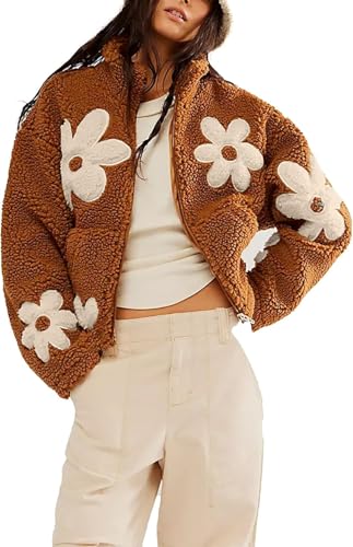 Damen Tweedjacke mit Blumenmuster Winterjacke mit Reißverschluss und Stehkragen Modetrend Lässige Jacke mit Langen Ärmeln und Tasche (Braun,S) von Goolecrimp