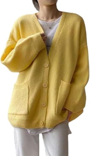 Damen Varsity Pullover V-Ausschnitt Knopf Strickjacke mit Taschen Jacke Kawaii Süßer Pullover Oversized Cardigan Ästhetischer Langarm Strick (Gelb,Eine Größe) von Goolecrimp