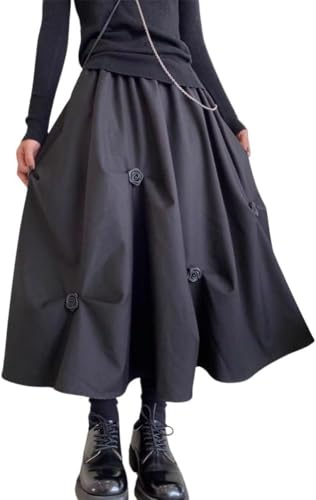 Damen Vintage Blumenapplikation Halbrock mit elastischer Taille A-Linie Plissierter Swing Mittellanger Rock Design Unregelmäßig plissierter Blumenhalbrock (Schwarz,S) von Goolecrimp