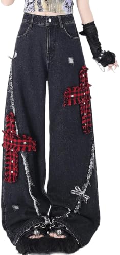 Damen Vintage Casual Loose High Waist Straight Leg Wide Jeans Rote Spitzen-Jeans mit gekreuzten Kanten Bedruckte Spleißen Loose Denim Straight Leg Jeans (schwarz,L) von Goolecrimp