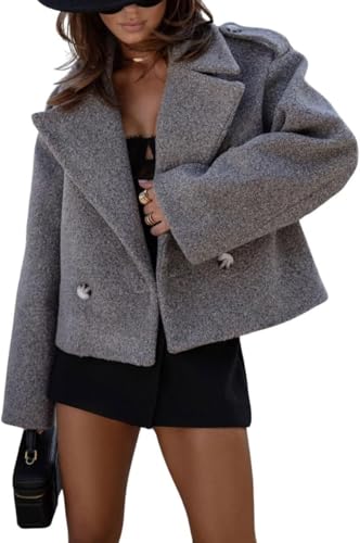 Damen Winter Elegant Zweireihig Kurzjacke Büro Revers Kurz Trenchcoat Klassisch Warm Blazer Mode Street Style Kurze Tweedjacke (Grau,M) von Goolecrimp
