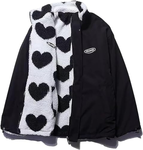 Damen Winter Kawaii Herz gedruckt Reißverschluss Jacke Y2K Mode lose Zwei Seite tragen gepolsterte Jacke Outdoor lässig Farbe Blockierung warme Jacke (Schwarz,L) von Goolecrimp