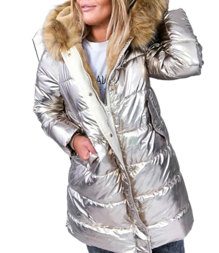 Damen Winter Warme Glänzende Steppjacke Mit Kapuze Langer Großer Haarkragen Daunenmantel Winter Warm Durchgehender Reißverschluss Leichte Steppjacke Mit Taschen (Gold,4XL) von Goolecrimp