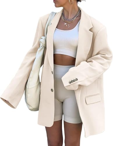 Damen lässig elegant Lange Ärmel überdimensioniert Revers Blazer lose Mode Knopf solide Farbe Blazer leichtes Geschäft Büro Jacke (Beige,XXL) von Goolecrimp
