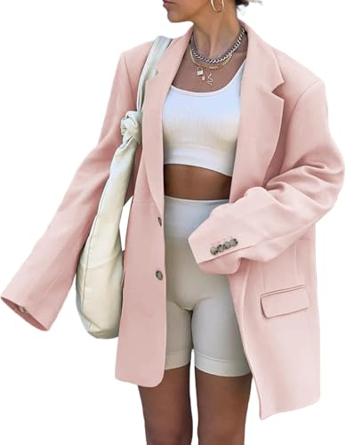 Damen lässig elegant Lange Ärmel überdimensioniert Revers Blazer lose Mode Knopf solide Farbe Blazer leichtes Geschäft Büro Jacke (Rosa,L) von Goolecrimp