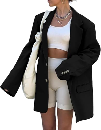 Damen lässig elegant Lange Ärmel überdimensioniert Revers Blazer lose Mode Knopf solide Farbe Blazer leichtes Geschäft Büro Jacke (Schwarz,XL) von Goolecrimp