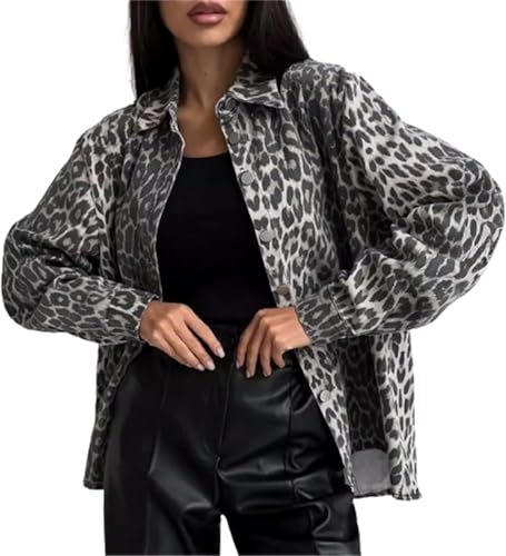 Damenmode Lose Jeansjacke Leopard Revers Übergroße Jeansjacke Langarm Rock Jeansjacke Basic Knopf Langarm Jeansjacke (Grau,S) von Goolecrimp
