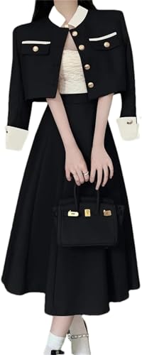 Elegante Zweiteilige Damen Mode Business Freizeit Jacke koreanische Kurz Jacke und hoch taillierte halbkörper ige Rock Set Vintage eleganter Arbeits Büro Anzug (Schwarz,M) von Goolecrimp