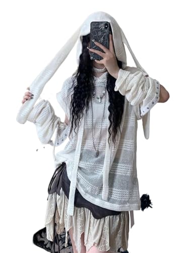 Frauen niedlich Hasenohren gestrickt Pullover Y2K lose Mode süß bequem Hoodie Kawaii häkeln hohlen abnehmbaren Ärmel Pullover Stricken Top (Weiß,M) von Goolecrimp