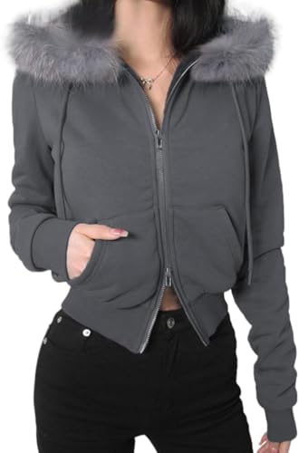 Gepolsterter Kapuzenpullover für Damen mit Doppelreißverschluss Y2K Modische lockere lässige Jacke mit Kapuze und Kunstpelzkragen Winddichte Outdoor Jacke für Frühling und Herbst (Grau,M) von Goolecrimp