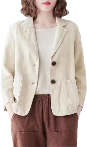 Goolecrimp Damen Baumwolle und Leinen Blazer Frühling und Sommer locker lässig einfarbig Revers langärmelige Schnalle dünne Jacke (Beige,L) von Goolecrimp
