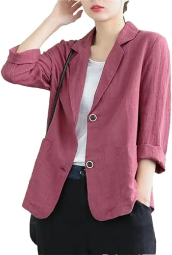 Goolecrimp Damen Baumwolle und Leinen Blazer Frühling und Sommer locker lässig einfarbig Revers langärmelige Schnalle dünne Jacke (Lila-Rot,3XL) von Goolecrimp
