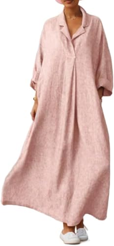 Goolecrimp Damen Baumwollleinenkleid Übergroßes Stehkragenkleid mit V-Ausschnitt Langarm Schwimmender Strandurlaub Langes lockeres Hemdkleid in großer Größe (Rosa,XXL) von Goolecrimp
