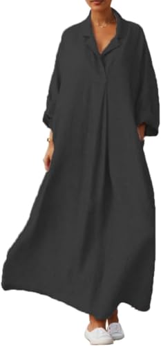 Goolecrimp Damen Baumwollleinenkleid Übergroßes Stehkragenkleid mit V-Ausschnitt Langarm Schwimmender Strandurlaub Langes lockeres Hemdkleid in großer Größe (Schwarz,L) von Goolecrimp