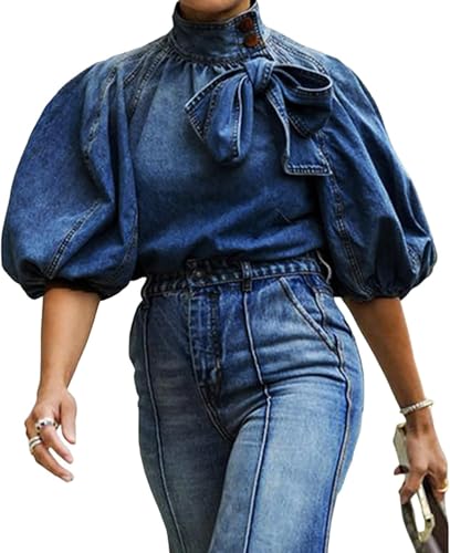 Goolecrimp Damen-Bug-Design Denim-Pullover-Top-Knopf mit hohem Ausschnitt Mode-Jacke mit elastischem Ärmel und Puff-Ärmel-Freizeit-Jacke mit hohem Ausschnitt (Marine,M) von Goolecrimp