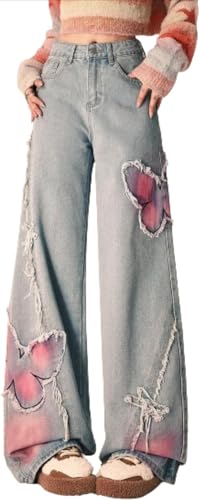 Goolecrimp Damen Butterfly Print Jeans Y2K lässig Trend äs thetisch Mode Harajuku Grunge Jeans gerade hohe Taille breite Bein Jeans (Blau,L) von Goolecrimp