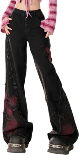 Goolecrimp Damen Butterfly Print Jeans Y2K lässig Trend äs thetisch Mode Harajuku Grunge Jeans gerade hohe Taille breite Bein Jeans (Schwarz,L) von Goolecrimp