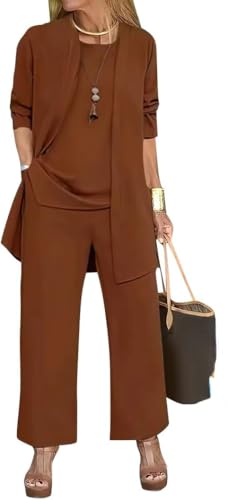 Goolecrimp Damen Cardigan Top Hosen Set Einfarbig Geteiltes Rundhals ärmelloses Westentop Langarm Cardigan Jacke Weites Bein Hosen Set (Braun,XL) von Goolecrimp