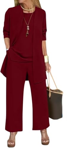 Goolecrimp Damen Cardigan Top Hosen Set Einfarbig Geteiltes Rundhals ärmelloses Westentop Langarm Cardigan Jacke Weites Bein Hosen Set (Burgund,XL) von Goolecrimp