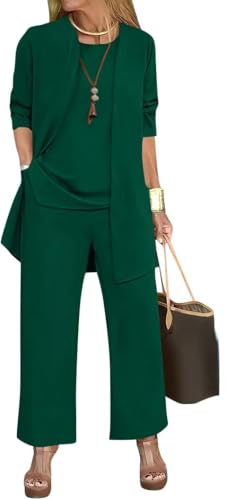 Goolecrimp Damen Cardigan Top Hosen Set Einfarbig Geteiltes Rundhals ärmelloses Westentop Langarm Cardigan Jacke Weites Bein Hosen Set (Dunkelgrün,M) von Goolecrimp
