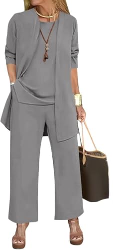 Goolecrimp Damen Cardigan Top Hosen Set Einfarbig Geteiltes Rundhals ärmelloses Westentop Langarm Cardigan Jacke Weites Bein Hosen Set (Grau,XXL) von Goolecrimp