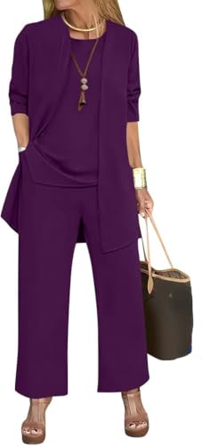 Goolecrimp Damen Cardigan Top Hosen Set Einfarbig Geteiltes Rundhals ärmelloses Westentop Langarm Cardigan Jacke Weites Bein Hosen Set (Lila,XL) von Goolecrimp