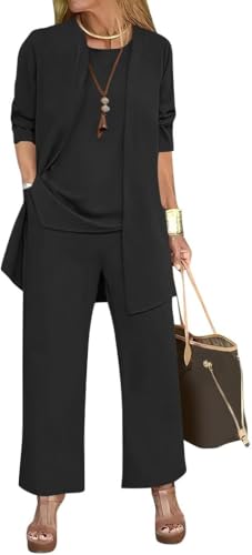 Goolecrimp Damen Cardigan Top Hosen Set Einfarbig Geteiltes Rundhals ärmelloses Westentop Langarm Cardigan Jacke Weites Bein Hosen Set (Schwarz,XXL) von Goolecrimp