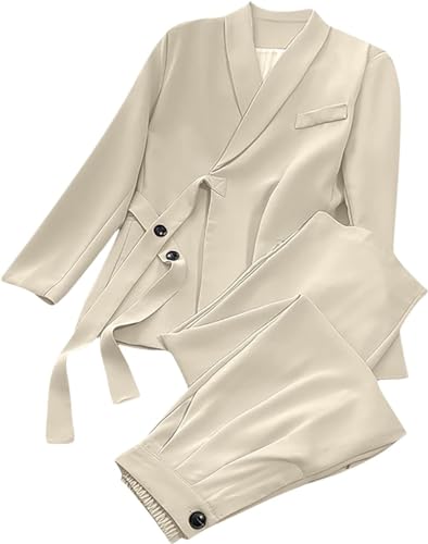 Goolecrimp Damen Casual Anzug Anzug Mode Elegante Anzug Jacke und Hose Anzug Frühling und Herbst Damen Business Zweiteiliges Set (Beige,S) von Goolecrimp