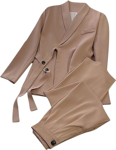 Goolecrimp Damen Casual Anzug Anzug Mode Elegante Anzug Jacke und Hose Anzug Frühling und Herbst Damen Business Zweiteiliges Set (Khaki,L) von Goolecrimp