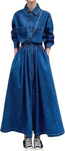 Goolecrimp Damen Casual Button Frühling Herbst Jeanskleid Elastische Taille Knopf Saum Langes Jeanshemdkleid Party Mini Lange Kleider (blau,L) von Goolecrimp