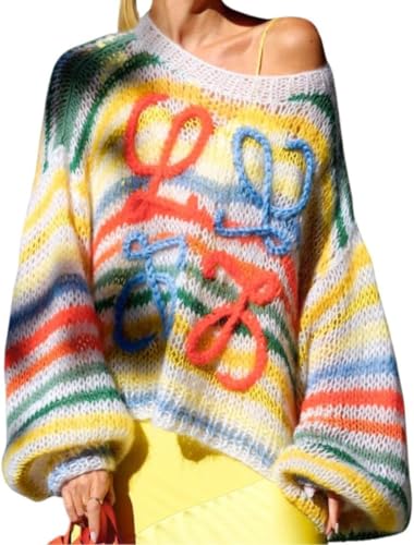 Goolecrimp Damen Casual Regenbogen gestreiften Pullover Y2K Mode Fledermaus Ärmel häkeln lose süße Pullover Damen Retro leicht atmungsaktiv gestrickt Rundhalsausschnitt Pullover (Gelb,M) von Goolecrimp