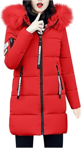 Goolecrimp Damen Daunenjacke mit großem Pelzkragen gepolsterter Parka mit Reißverschlusstaschen wasserdichte Outdoor-Winter warme Dicke Daunenjacke mit Kapuze (Rot,M) von Goolecrimp