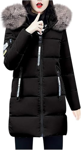 Goolecrimp Damen Daunenjacke mit großem Pelzkragen gepolsterter Parka mit Reißverschlusstaschen wasserdichte Outdoor-Winter warme Dicke Daunenjacke mit Kapuze (Schwarz,XXL) von Goolecrimp