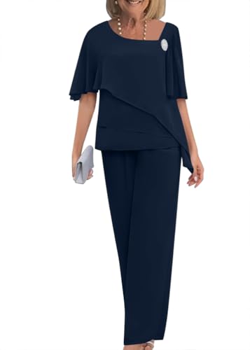 Goolecrimp Damen Elegante Tüll Chiffon Bluse und Hose Abendkleid Set Plus Size Hochzeit Cocktail Festivals Chiffon Hot Drill Wide Leg Pants Zweiteiliges Set (B Marine,XL) von Goolecrimp