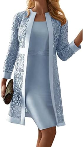 Goolecrimp Damen Elegantes Zweiteiliges Anzug Business Arbeit Set Schlichtes Ärmelloses Kleid und Spitze Hollow Out Strickjacke Strickjacke Brautparty Kleid Set (Blau,S) von Goolecrimp