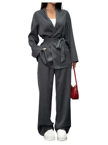 Goolecrimp Damen Frühling Business Büro Zwei Business Hosen Formal Langarm Zweiteiliger Gestreifter Cardigan Langarm Kordelzug Anzug Hosenanzug (Dunkelgrau,M) von Goolecrimp