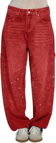 Goolecrimp Damen Frühling Casual Strass Lose Harlan Jeans Boyfriend Jeans 90er Vintage Jeans Gerades Bein Weites Bein Glänzende Jeans (rot,M) von Goolecrimp