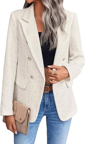 Goolecrimp Damen Frühling Elegante Tweed Karierte Anzugjacke Langarm Casual Business Anzugjacke Langarm mit Taschen Lässige Bürojacke (Aprikose,L) von Goolecrimp