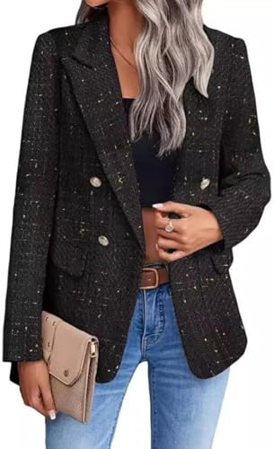 Goolecrimp Damen Frühling Elegante Tweed Karierte Anzugjacke Langarm Casual Business Anzugjacke Langarm mit Taschen Lässige Bürojacke (schwarz 2,M) von Goolecrimp
