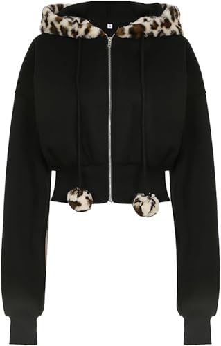 Goolecrimp Damen Frühling Leopardenmuster Raw Edge Pom Pom Hoodie Kapuze Lockere Taille Leopard Cardigan Reißverschluss Langarm Schlank Hoodie (schwarz,S) von Goolecrimp